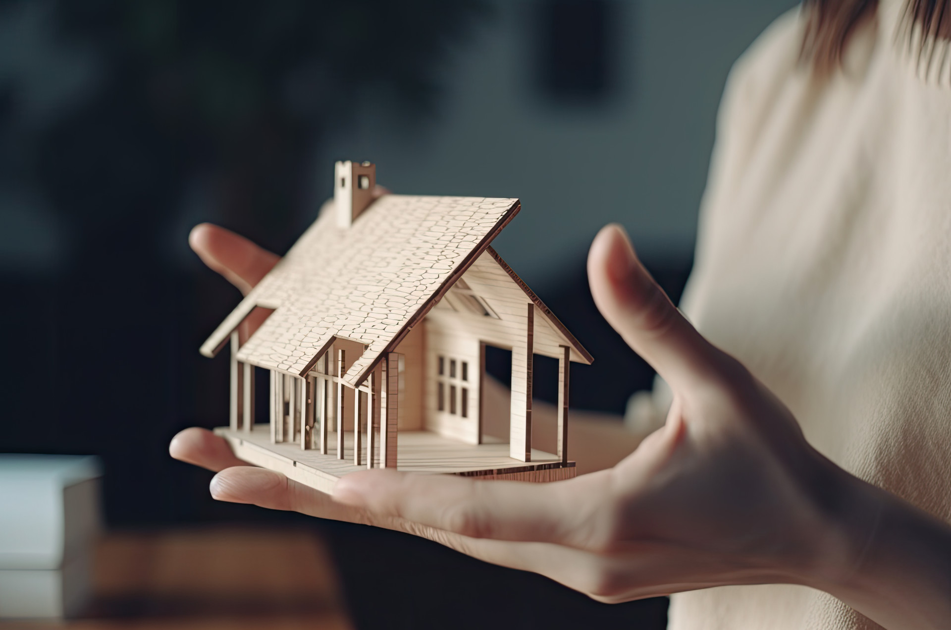 Person holding a model wooden house